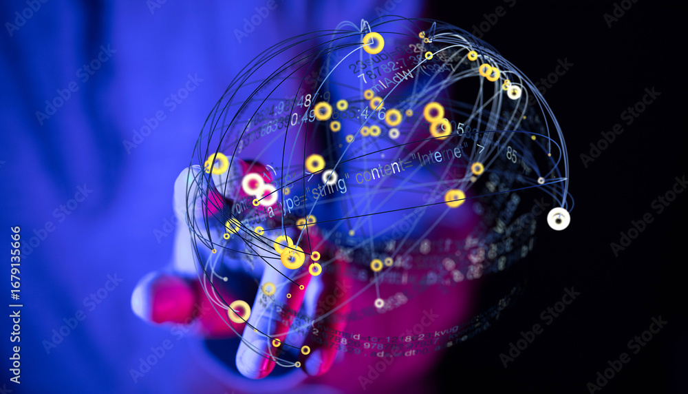 Poster abstract image of a hand holding a digital globe with interconnected nodes, representing global netw