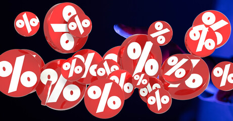 3D rendered image of red percentage signs falling on a dark background. Ideal for sales, discounts,...