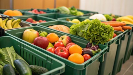 A vibrant assortment of fresh fruits and vegetables organized in green bins, showcasing a variety of produce for healthy eating.