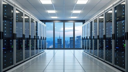 A modern server room featuring rows of server racks and a panoramic view of the city skyline through large windows.
