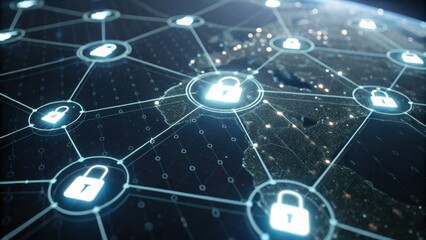 A digital network visualization showing interconnected nodes with padlock icons, symbolizing cybersecurity and data protection.