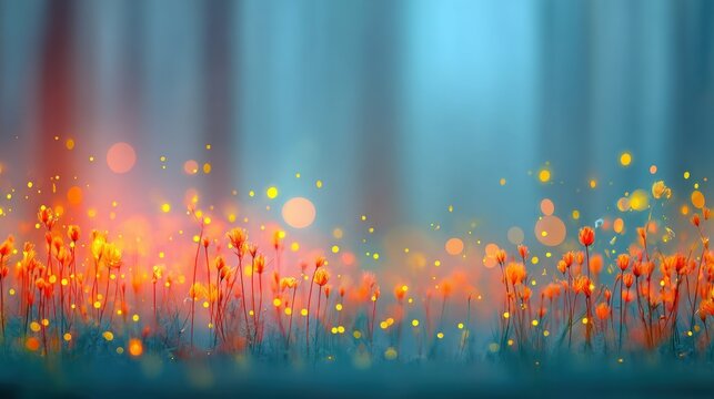 Colorful flowers bloom with vibrant lights in a serene forest setting