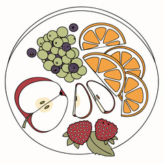 A vibrant illustration of a circular plate filled with a colorful assortment of fresh fruits and berries