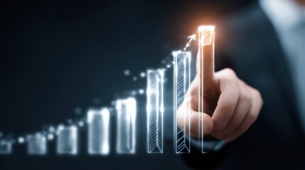 Businessman Illustrating Digital Growth Success, Modern Environment with Radiant Light Illumination Ideal for Marketing Campaigns and Presentations, Encouraging Motivation.