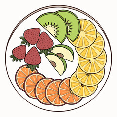 A vibrant overhead view of a white plate filled with a colorful assortment of sliced fruits including strawberries kiwi avocado oranges and lemons