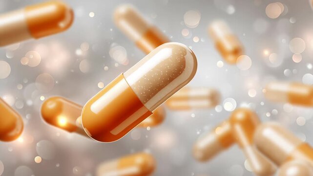 Vitamin D supplementation concept ,Floating orange capsules soft medical background promote health and wellness for better