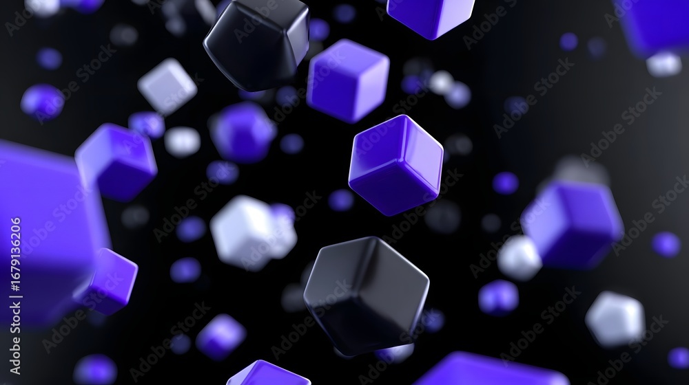 Aufkleber floating abstract purple geometric cubes with varying sizes and depths in a dark, futuristic space, 