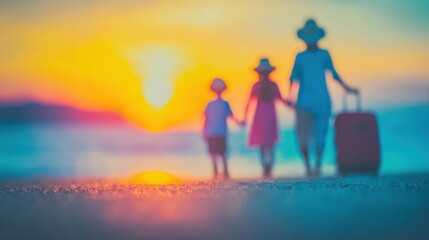 Family strolls along the beach at sunset with luggage in hand