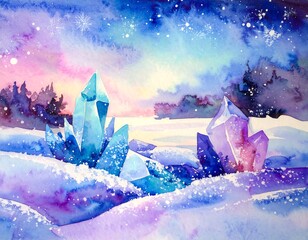 Watercolor winter landscape with crystals