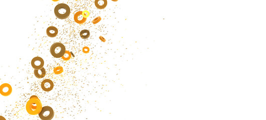 Abstract background with golden and orange rings falling on white. Perfect for celebration, party, or festive designs.
