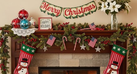 Festive Christmas Mantel with Holiday Decorations