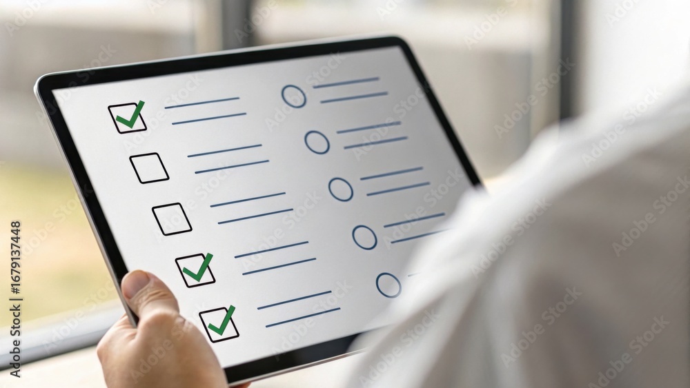 Poster a person holds a tablet displaying a checklist with completed and incomplete items, symbolizing task