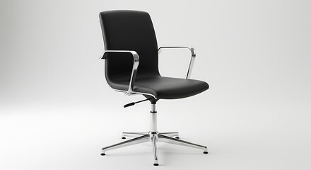 Contemporary black leather office chair with polished chrome arms and five-star base on white studio background
