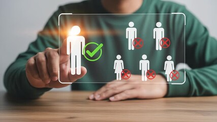 Talent Selection: Man Choosing the Right Candidate from Diverse Group with Digital Interface - Skills, Recruitment, and Success - Powered by Adobe
