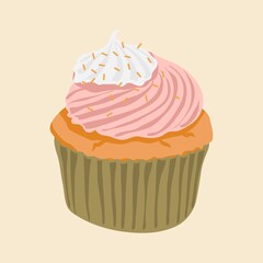 Aesthetic cupcake with pink frosting, food illustration design