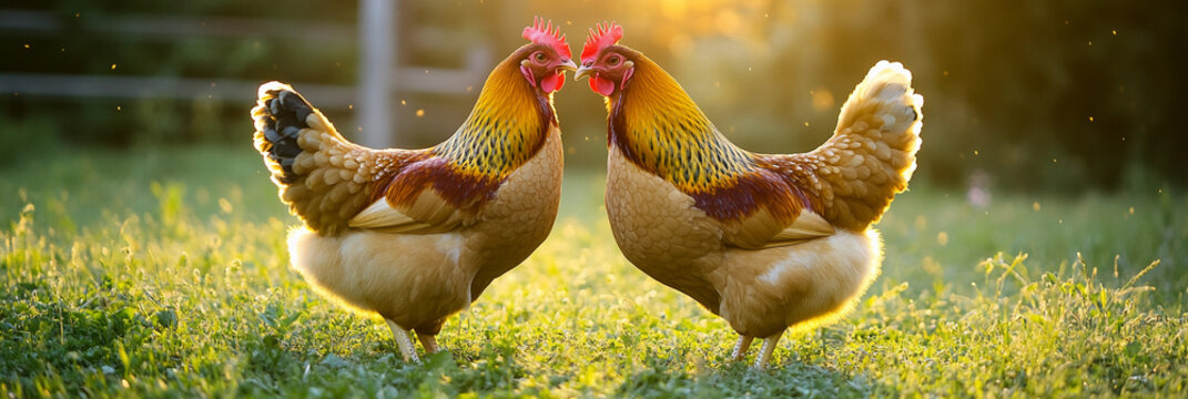 Golden chickens in warm sunlight on a grassy farm Generative AI - Powered by Adobe