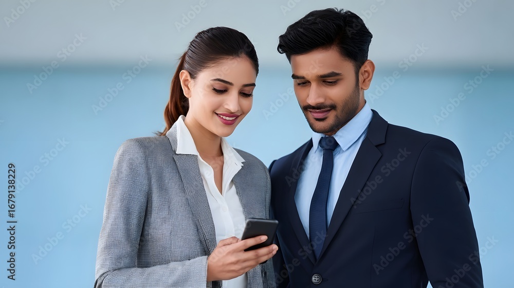 Poster young business professionals in formal attire using a smartphone to collaborate and discuss work-rel