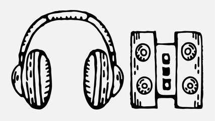 Illustration of headphones with vertical lines and a speaker system with circular details design