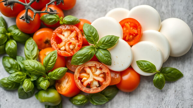 An appetizing layout of fresh ingredients including tomatoes, basil, and mozzarella is displayed for a nutritious salad, appealing to culinary enthusiasts and food lovers alike.
