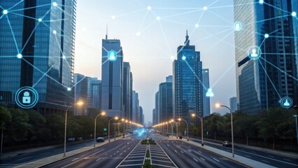 A futuristic cityscape featuring tall buildings with digital connectivity icons, symbolizing technology and urban life.