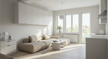 Bright Modern Living Room with Beige Sofa and Large Windows in Minimalist Style