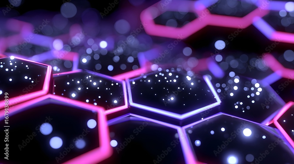 Poster an abstract, futuristic digital landscape composed of interconnected, illuminated hexagonal shapes i