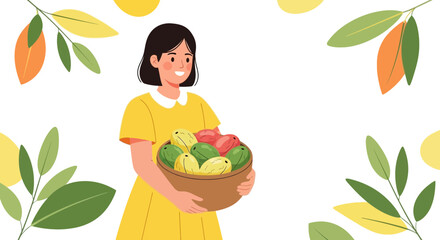 Woman Presenting Fresh Fruit Basket Among Green Leaves Illustration For Health and Wellness