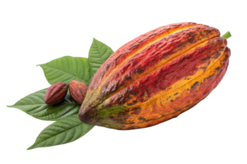 Ripe cacao pod with beans and green leaves isolated on white background