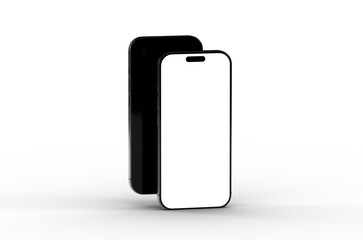 High-quality image of two black smartphones with blank screens. Perfect for app presentations or website mockups.