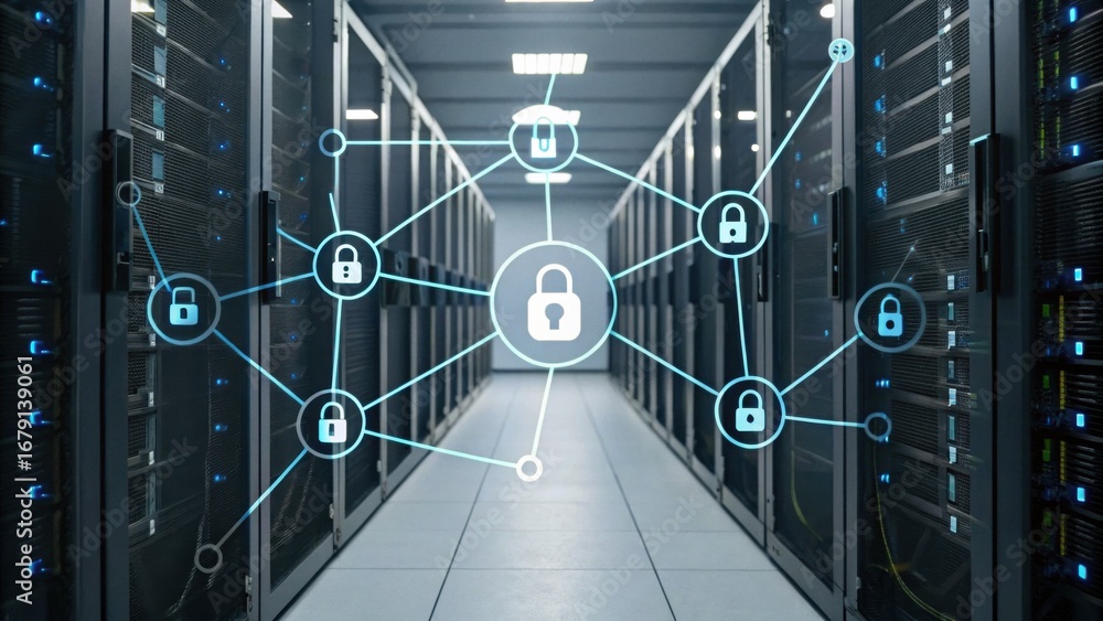 Poster a high-tech data center with servers and a digital lock network symbolizing security and connectivit