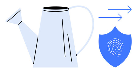 Watering can pouring growth next to a fingerprint shield with arrows. Ideal for growth, security, data protection, technology, innovation, sustainability, minimalist design. A simple flat metaphor