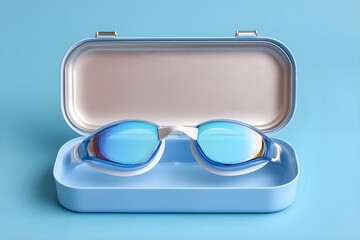 Stylish blue swimming goggles in case, ready for a refreshing swim and active lifestyle