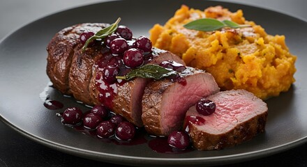 Roasted Beef Tenderloin with Dark Cherry Sauce and Mashed Sweet Potatoes on Plate