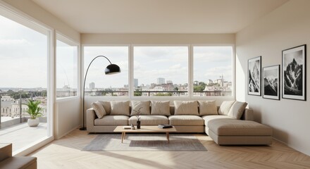 Bright Modern Living Room with Large Windows and Comfortable Beige Sofa