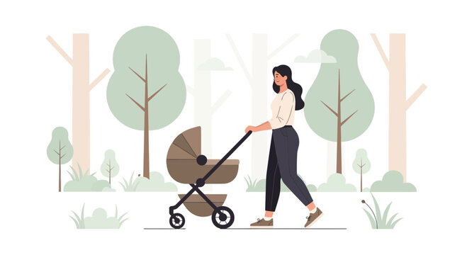 Woman pushing a stroller in park vector illustration, outdoors family happiness