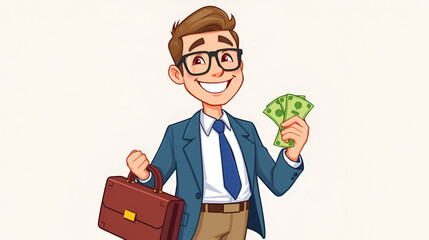 Cartoon businessman holding money and a briefcase smiling in a vector illustration