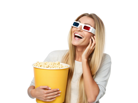 Smiling woman with 3D glasses holding popcorn bucket isolated on white background