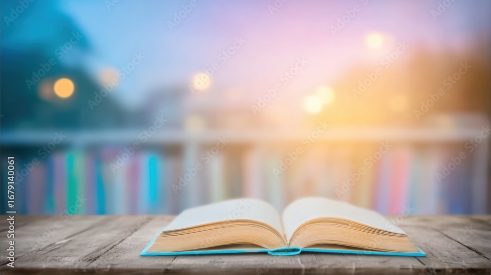 Poster open book resting on a wooden table with a blurred library background
