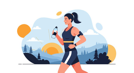 Fototapeta premium Woman Jogging With Bottle Enjoying Nature Background: Healthy Lifestyle Concept Illustration