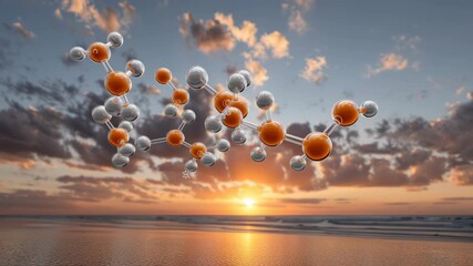 Vitamin D supplementation concept ,Molecular Structures Against Sunset Over Ocean and Beach, Blending Science with Natures Beauty - Powered by Adobe