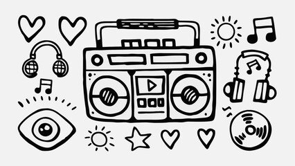Hand drawn doodle style boombox with hearts, music notes, suns, eye, star and headphones around it