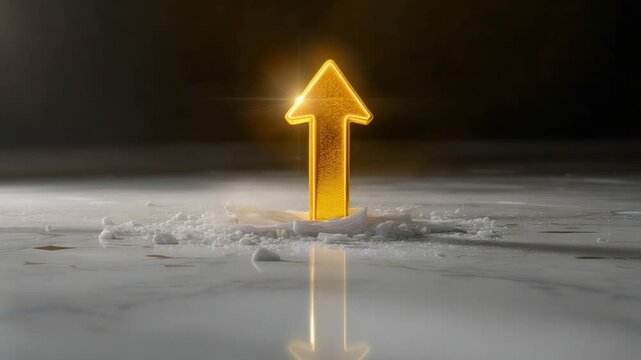 A luminous golden arrow breaks through a cracked surface, symbolizing upward progress and overcoming obstacles.
