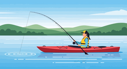 Obraz premium Woman Kayaking And Fishing In A Serene Lake With Green Mountains In The Background