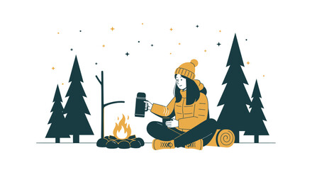 Obraz premium Woman Relaxing Beside Campfire With Drinking Container Surrounded By Trees and Stars