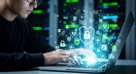 Fototapeta premium Cybersecurity professional working on laptop with digital security icons and network data visualization