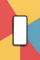 Modern smartphone with blank white screen top view flatlay on colorful geometric paper background