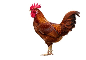 Bright Rooster with Red Comb and Brown Feathers Standing on White Background