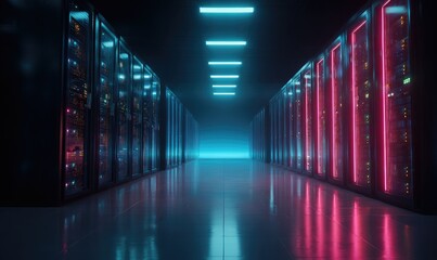 Futuristic Data Center Corridor with Neon Lit Server Racks.
