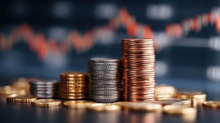 Closeup of Stacks of Coins with a Stock Chart A Financial Investment Journey, Boosting Your Portfolio Confidence.