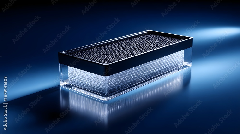 Poster stylish and minimalist glass box container with a reflective and polished surface against a dark blu